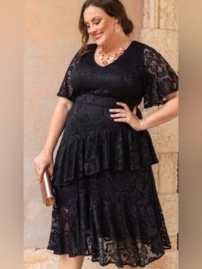 Kiyonna V-Neck Lace Affair Cocktail Midi Dress in Black
